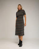 Vestido midi de rayas con manga francesa y cuello barco. - Tantra Spain