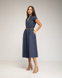 Vestido midi denim con cuerpo abotonado y falda de vuelo con bolsillos - Tantra Spain