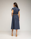 Vestido midi denim con cuerpo abotonado y falda de vuelo con bolsillos - Tantra Spain