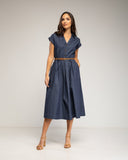 Vestido midi denim con cuerpo abotonado y falda de vuelo con bolsillos - Tantra Spain