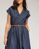 Vestido midi denim con cuerpo abotonado y falda de vuelo con bolsillos - Tantra Spain