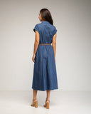 Vestido midi denim con cuerpo abotonado y falda de vuelo con bolsillos (LIGHTDENIM) - Tantra Spain
