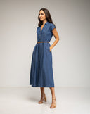 Vestido midi denim con cuerpo abotonado y falda de vuelo con bolsillos (LIGHTDENIM) - Tantra Spain