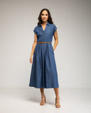 Vestido midi denim con cuerpo abotonado y falda de vuelo con bolsillos (LIGHTDENIM) - Tantra Spain