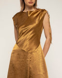 vestido midi seda vuelo frunce en la manga cierre de cremallera en la espalda (Gold) - Tantra Spain