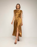 vestido midi seda vuelo frunce en la manga cierre de cremallera en la espalda (Gold) - Tantra Spain