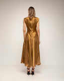 vestido midi seda vuelo frunce en la manga cierre de cremallera en la espalda (Gold) - Tantra Spain