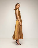 vestido midi seda vuelo frunce en la manga cierre de cremallera en la espalda (Gold) - Tantra Spain