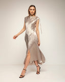 vestido midi seda vuelo frunce en la manga cierre de cremallera en la espalda (Silver) - Tantra Spain