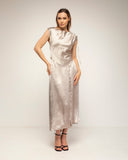 vestido midi seda vuelo frunce en la manga cierre de cremallera en la espalda (Silver) - Tantra Spain