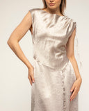 vestido midi seda vuelo frunce en la manga cierre de cremallera en la espalda (Silver) - Tantra Spain