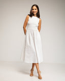 Vestido midi sin mangas con parte de arriba tipo camiseta y falda de vuelo con bolsillos (BLANCO) - Tantra Spain