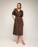 vestido oversize con mangas fruncidas cuello en pico tira de cinturon aparte (Brown) - Tantra Spain