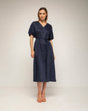 vestido oversize con mangas fruncidas cuello en pico tira de cinturon aparte (Navy) - Tantra Spain