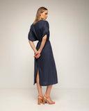 vestido oversize con mangas fruncidas cuello en pico tira de cinturon aparte (Navy) - Tantra Spain