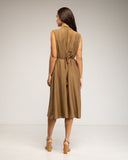 Vestido sin mangas con cuello cruzado, cinturón y bolsillos (BROWN) - Tantra Spain