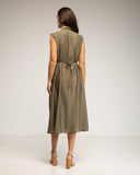 Vestido sin mangas con cuello cruzado, cinturón y bolsillos (KHAKI) - Tantra Spain